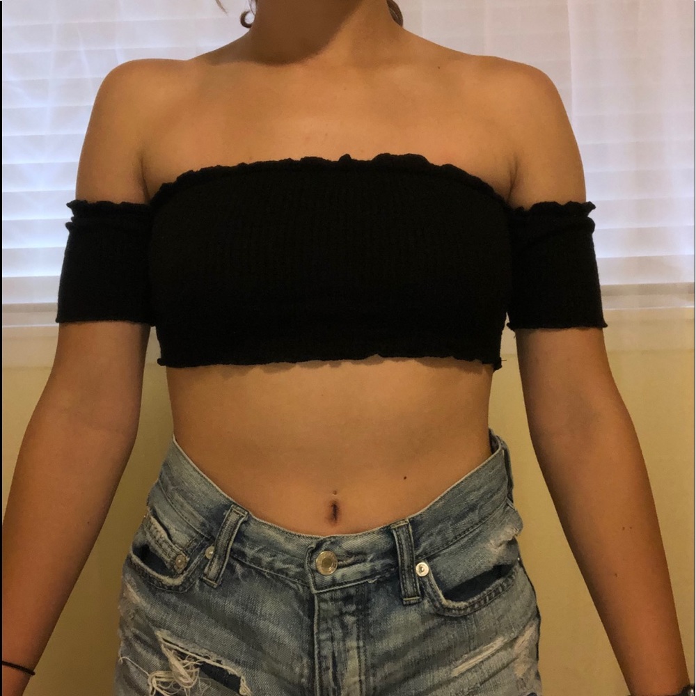shoulderless black mini top